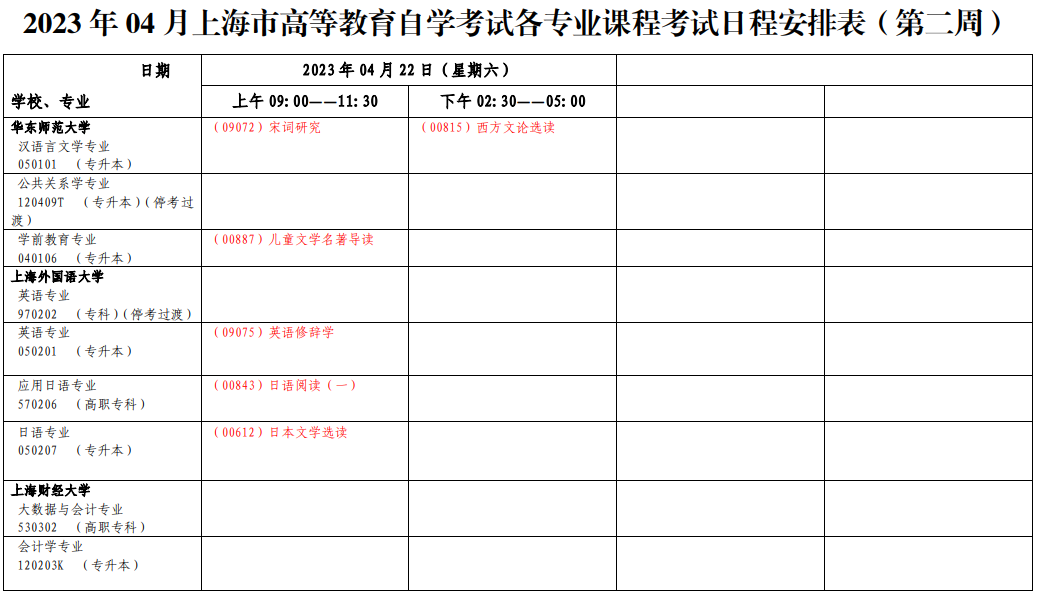 2023年4月上海自學(xué)考試考試安排 2023年4月上海自學(xué)考試考試安排