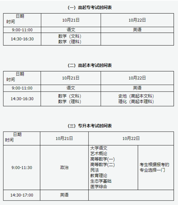 山西省成人高考考試時間？